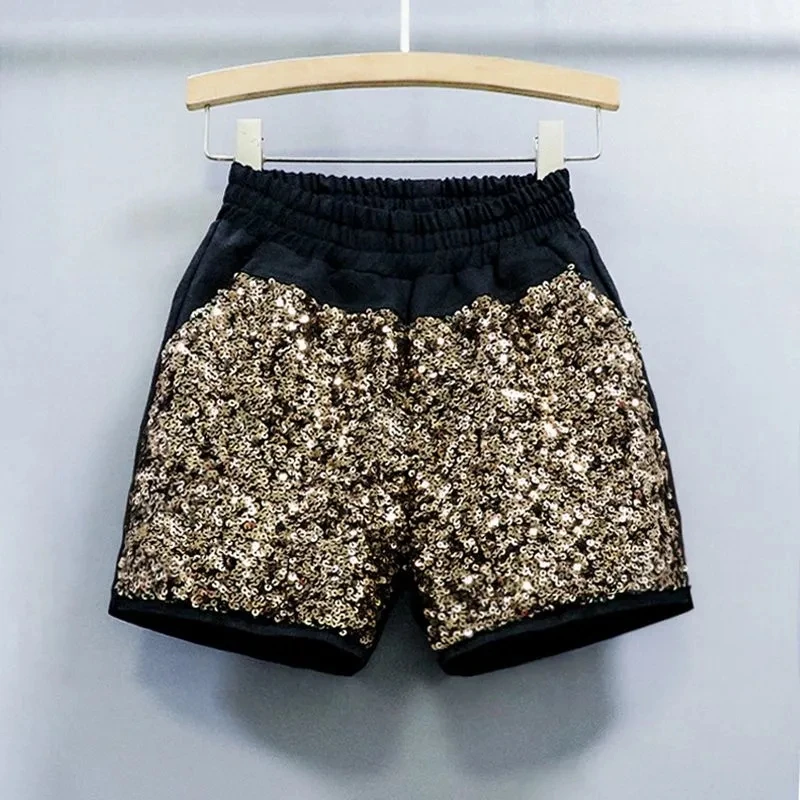 2025 Primavera/Estate Nuovi pantaloncini elastici in vita moda scintillante Discoteca socialite Pantaloni caldi in tre parti Tendenza donna