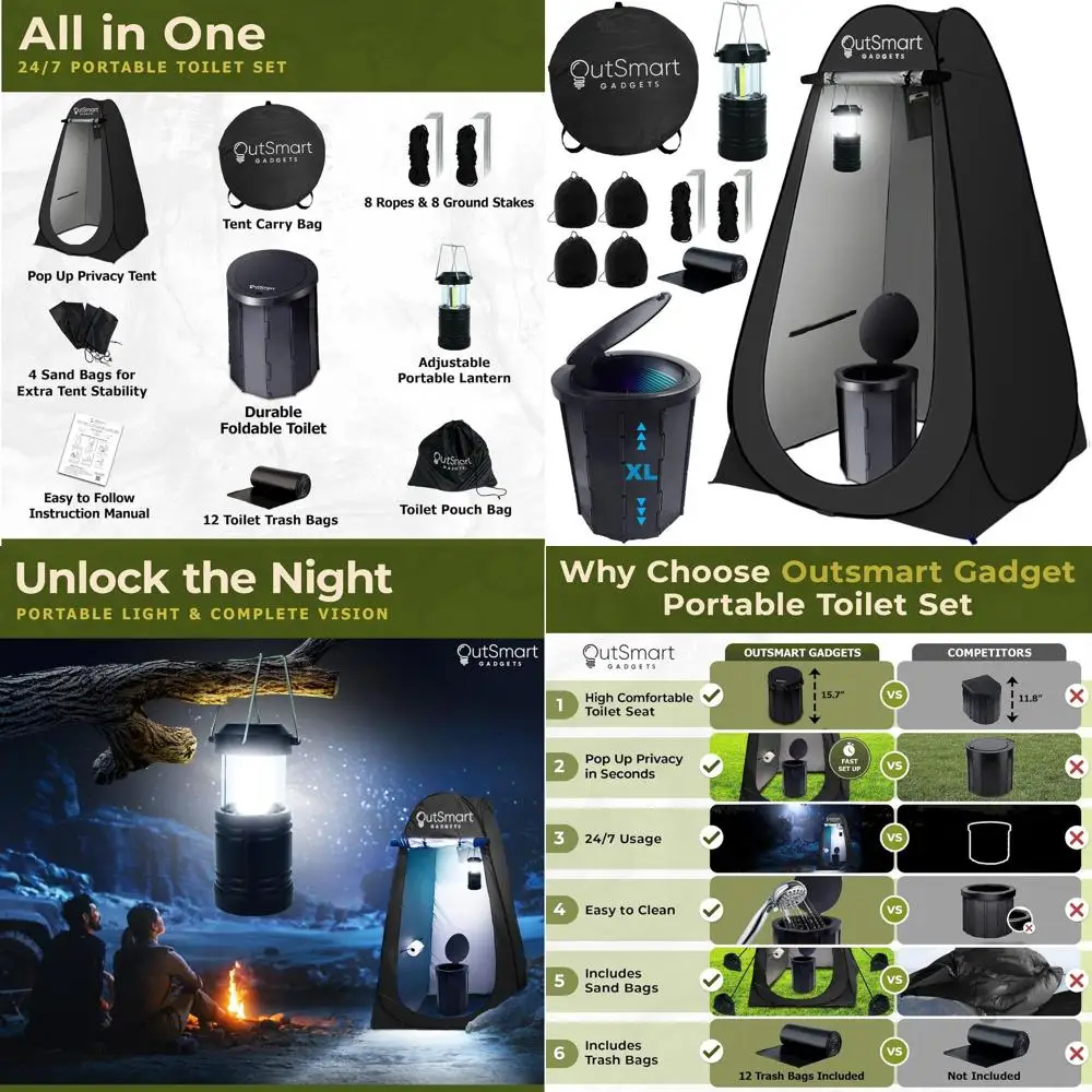 

Compact Adult Outdoor Toilet Kit with Night Light, XL Foldable Potty, Privacy Tent, and Carry Bag for Camping and RV Trips