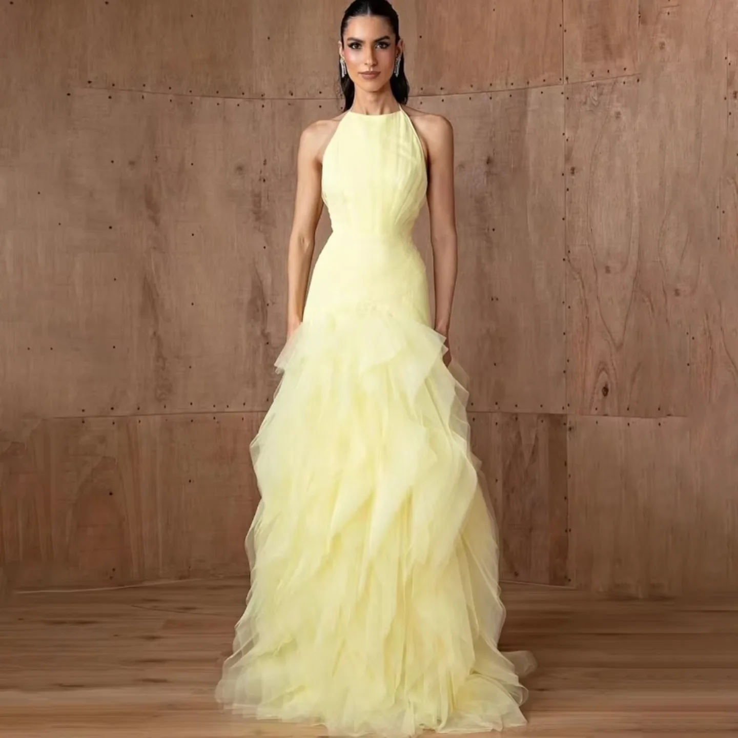 

Yellow Tulle Mermaid Evening Dress Mermaid Saudi Arabia Tiered Elegant Prom Dress Customized Formal Wedding Party Dress 2025