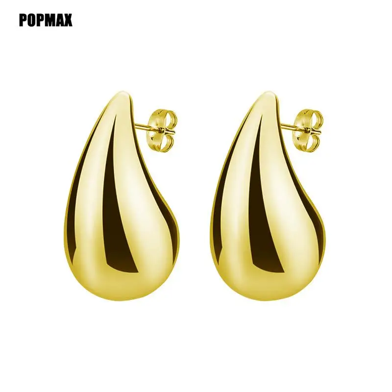 POPMAX  Gold Color Plated Chunky Dome Drop Earrings for Women Glossy Stainless Steel Thick Teardrop Earring Jewelry Wholesale