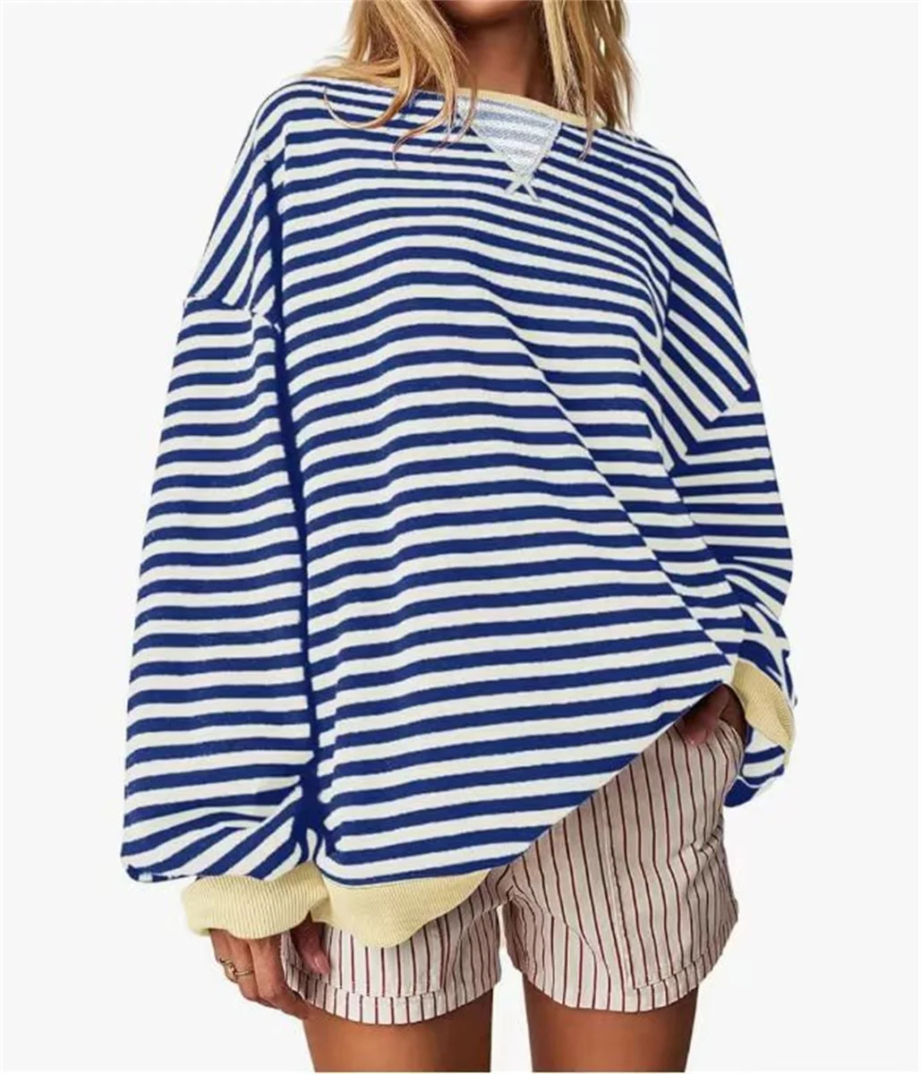 Women\'s Y2k Korean Striped Color Blocking Long Sleeved Round Neck Sports Shirt Autumn Casual Loose Fitting Pullover T-shirt Top