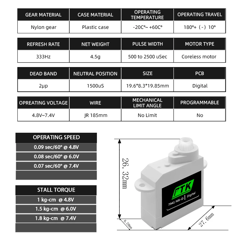 PTK 7341 NG-D Servo Digital, 4.5g, apto para EPP, F3P, F3K, F3L, planador, avião interior, modelo RC, carro, helicóptero, servo remoto, avião, robô