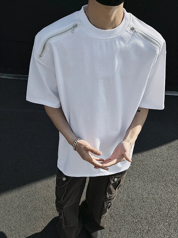 

Белая футболка Cleanfit с двойной молнией, короткий рукав, летняя, плотная, с контрастными линиями на плечах, в американском уличном стиле