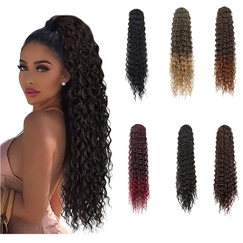 Long Curly Wave Drawstring Ponytail Extensions for Women False Hair Synthetic Black Deep Curly Ponytail Water Wavy Horse Tail