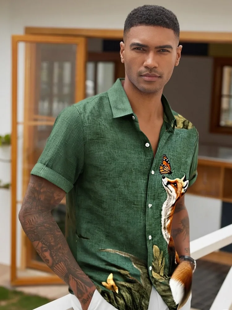 

Мужская повседневная рубашка 2026, модная летняя туника с короткими рукавами и пуговицами с изображением лисы и бабочки, корейские праздничные топы в стиле Харадзюку, мужские