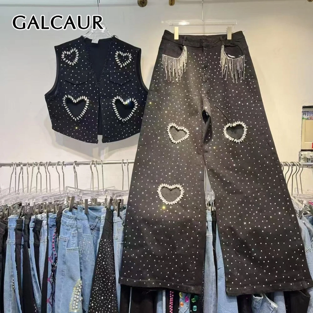 

GALCAUR Spliced Bead Luxurious Two Piece Sets for Women V Neck Sleeveless Vest High Waist Patchwork Tassels Pant Set Female New