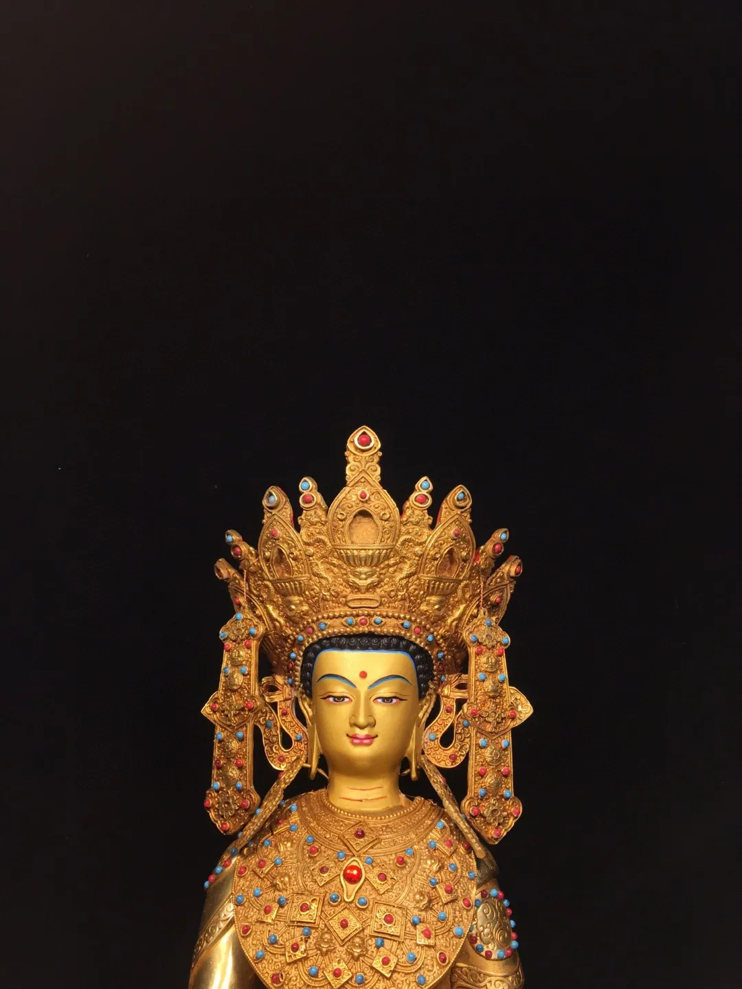 Tibetan Brass Gilded Colored Face Painting Enlightenment Avalokitesvara Gemstone Buddha Statue Decoration 37cm Home Buddhist Hal