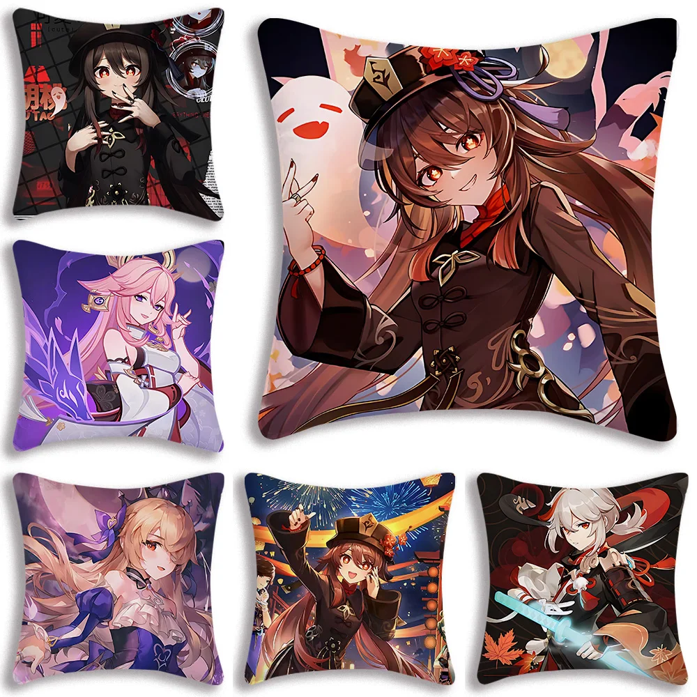 

Pillow Covers Cartoon Genshin Impact Hu Tao Sofa Decorative Home Double-sided Printing Short Plush Cute Cushion Cover