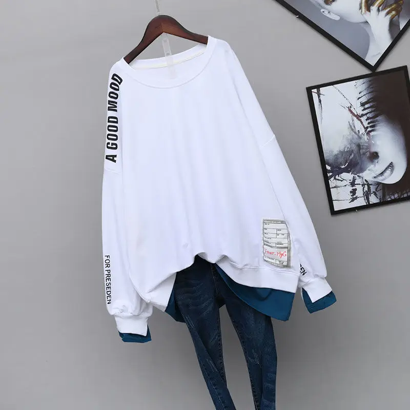 Spring and Autumn Women\'s Pullover Round Neck Letter Splice Fake Two Pieces Medium Length Loose Fashion Casual Long Sleeve Top