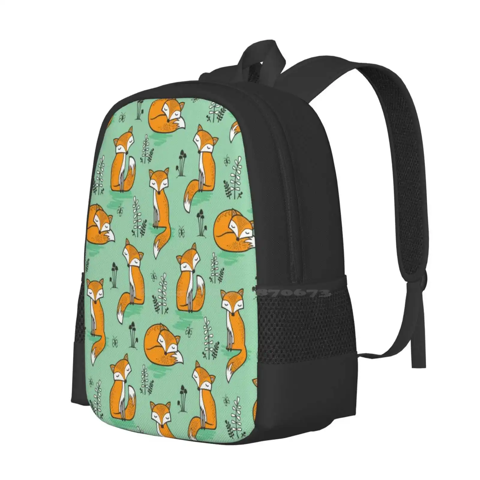 Dreamy Fox In Green School Bag Big Capacity Backpack Laptop Fox Woodland Forest Fall Mushrooms Winter Cute Animals Comic