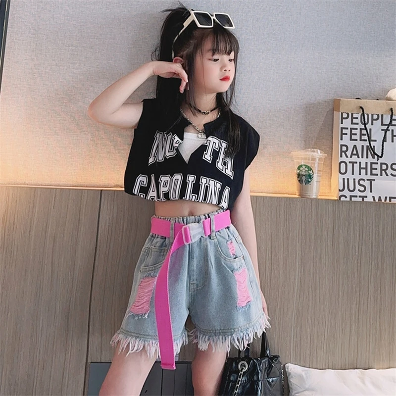 Girls Denim Shorts for Kids Fashion Summer High Waist Pink Yellow Color Ripped Shorts with Free Belt 4 5 6 7 8 9 11 12 13 14Year