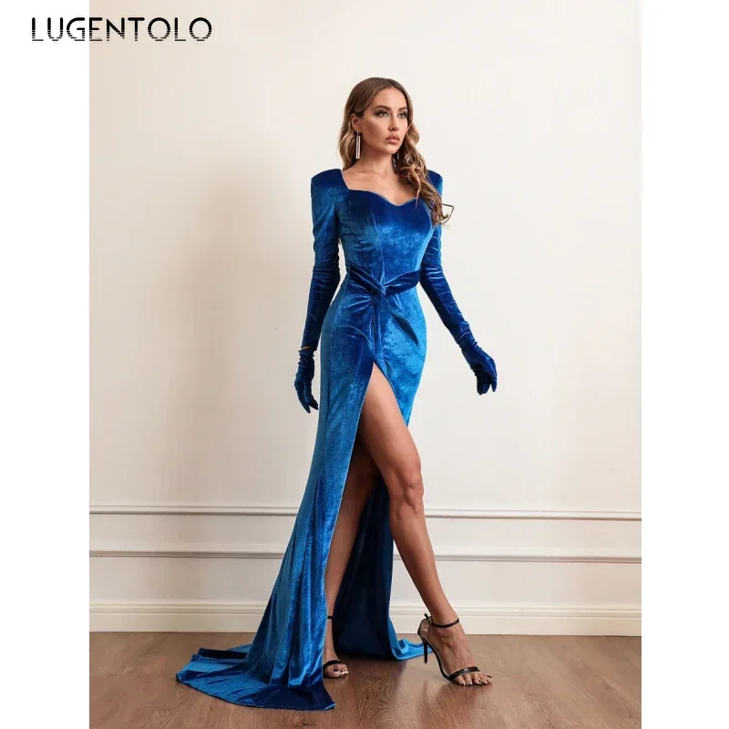 女性のセクシーなドレスハイウエスト秋冬スリムパーティーレディ裾スリットベルベット気質長袖マキシ服