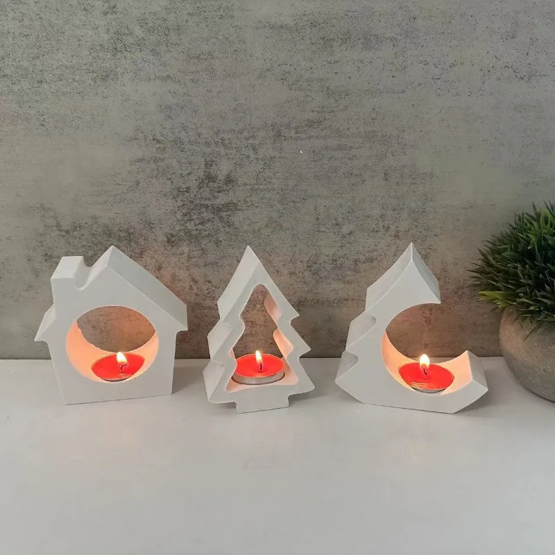 Christmas Tree House Candle Holder Silicone Mold DIY Cement Gypsum Clay Pouring Epoxy Candlestick Mold Home Decoration Ornaments