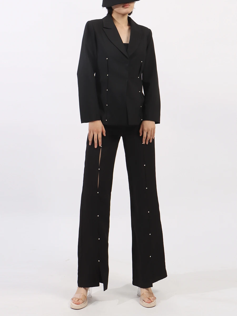 TWOTWINSTYLE Solido Split Diamanti Impiombati Set di Due Pezzi per Le Donne Risvolto Maniche Lunghe Giacca a Vita Alta Pantalone Set di Moda Femminile