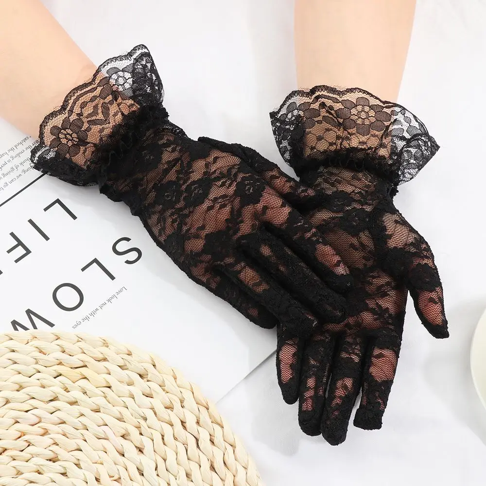 Fashion Women Party Dressy Gloves Sunscreen Lace Gloves Rose Flower Pattern UV Protection Mittens Wedding White Bride Gloves