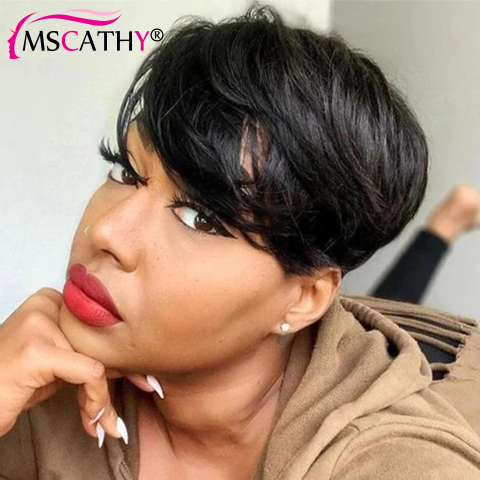 Black Color Glueless Wigs Natural Human Hair Wigs For Black Women Pixie Cut Short Straight Bob Full Machine Made Wig With Bangs