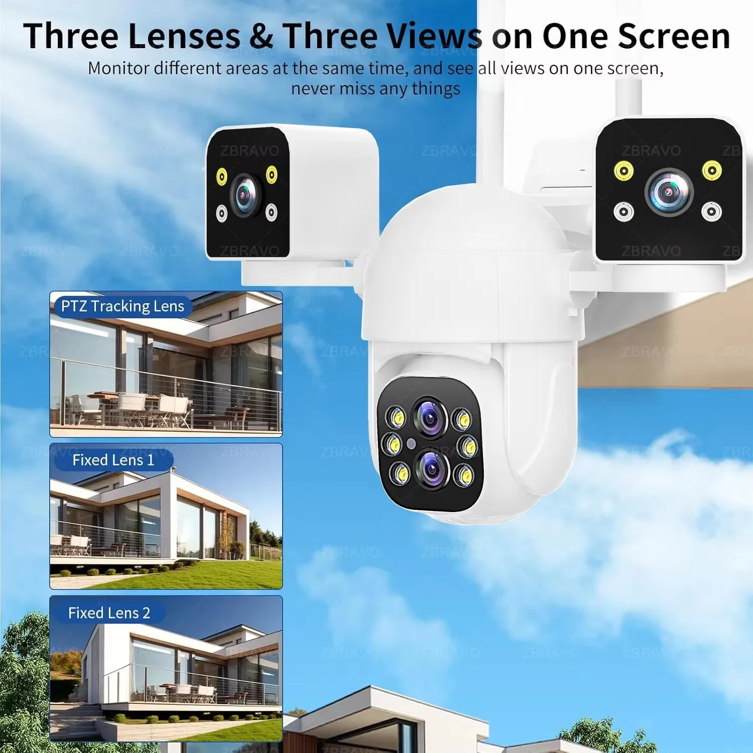 IPC360 HOME 8K 16MP 4 Lens 3 Screens 10X Zoom Wifi PTZ Camera Color Night Vision Motion Detection IP66 Security Camera System view 5