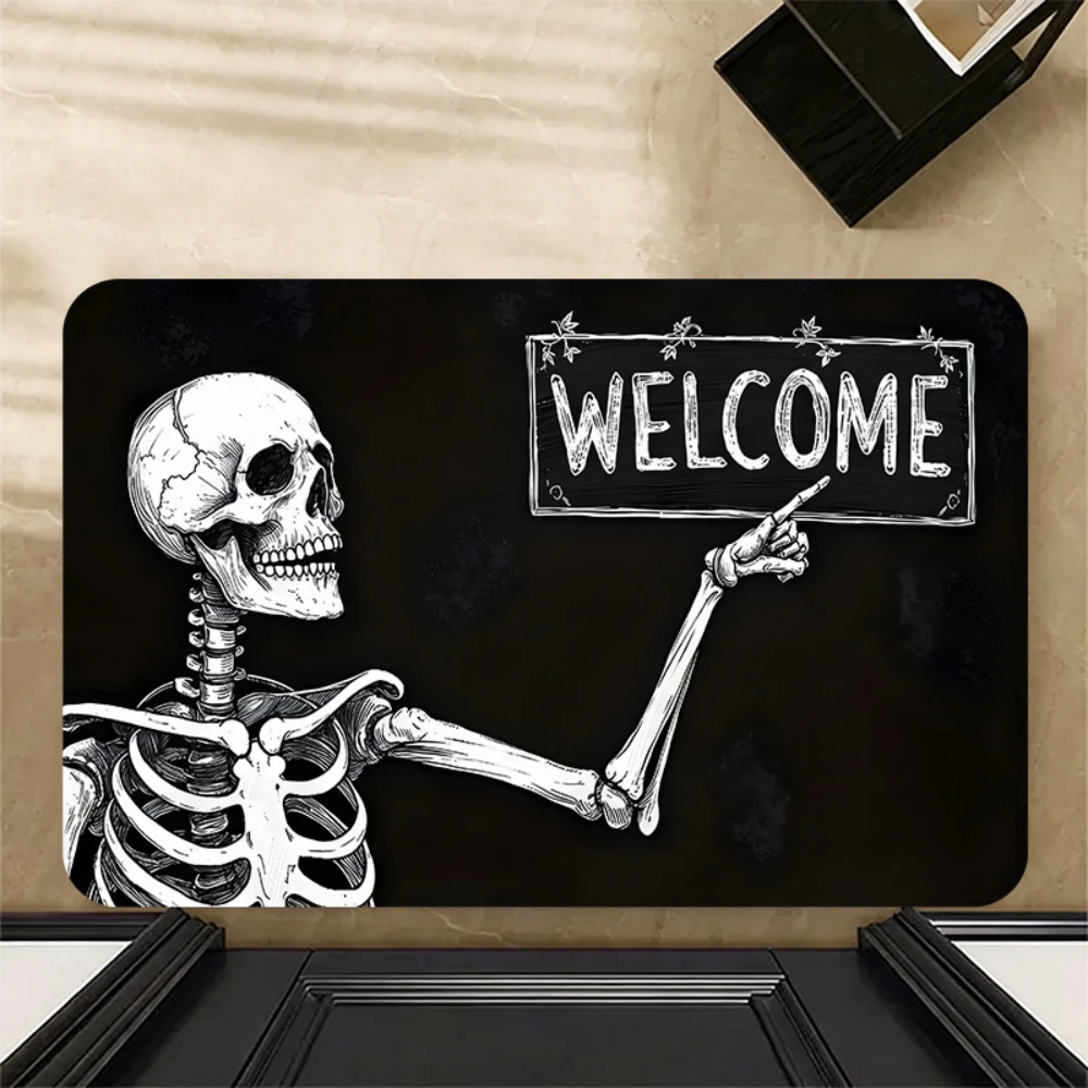 Watercolor Three Skulls Graphics Doormat entry front door indoor living space home decor Halloween Party Decor Rug