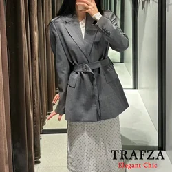 TRAFZA Elegant Gray Office Belt Blazer Women Lapel Pocket Solid Blazer 2024 New Spring Autumn Fashion Old Money Commuter Blazer