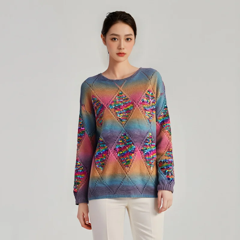 European-style women's sweater with gradient sequins, slimming and versatile pullover knit top, new model