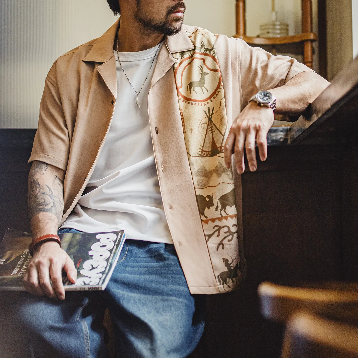 

Maden Men's Vintage Print Cuban Collar Short Sleeve Single-breasted Shirt Tribal Pattern Casual Summer Loose fit Shirt