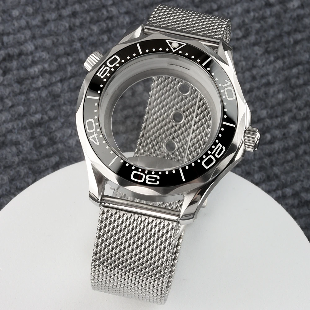 

NH35 Case Mesh Strap Waterproof 41mm Watch Case Transparent Case Back For Seiko NH35 NH36 Movement 31mm Dial Seamaster 300 Case