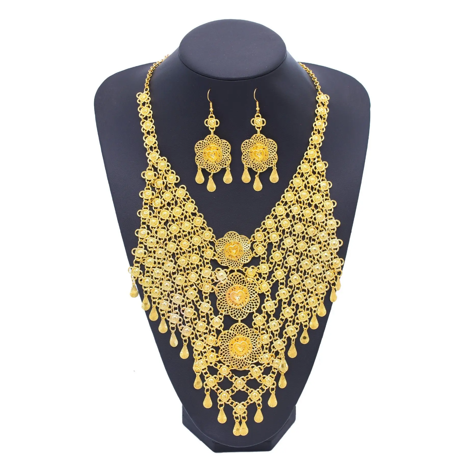 

New French Dubai High end 24K Gold Plated Necklace Earrings Exquisite Wedding Engagement Party Jewelry Set for Lovers 999