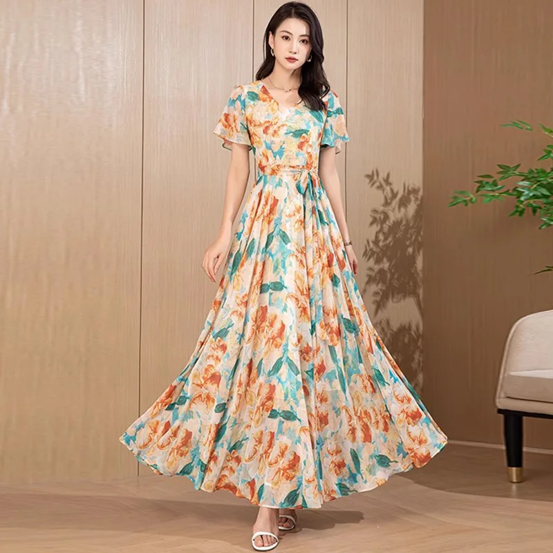 

New Women Print Chiffon Long Dress Summer Fashion V-Neck Butterfly Sleeve Slim Waist Flowing Dress Elegant A-line Floral Dress