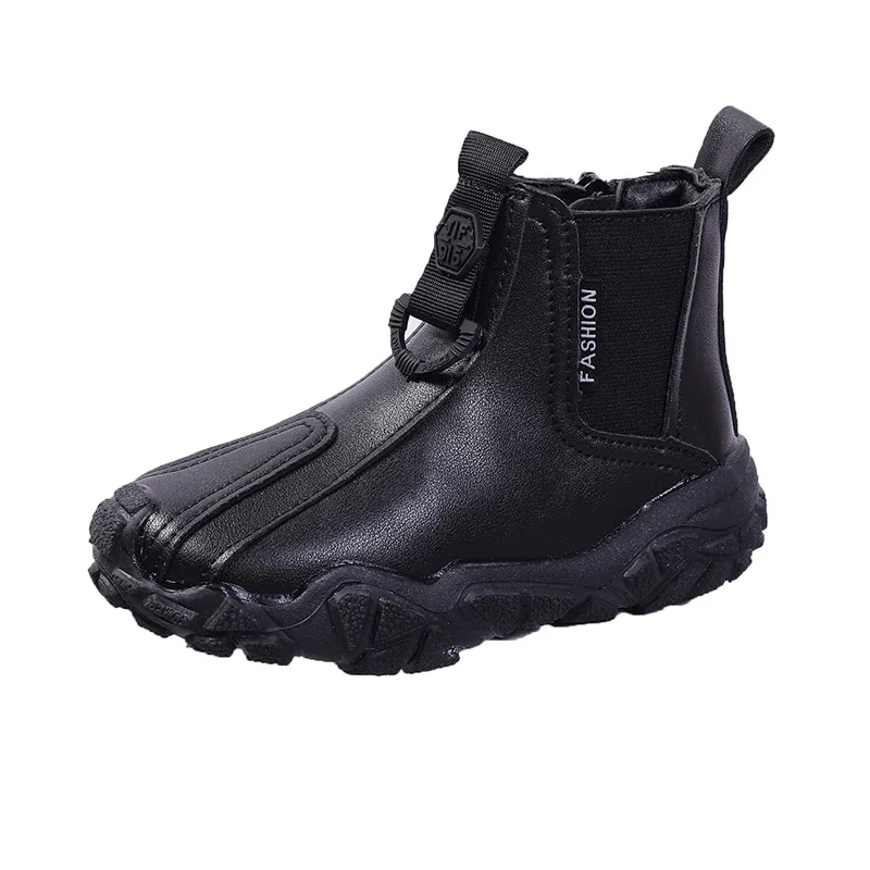 Kids Leather Boots High Quality Plus Cotton Warm Winter Snow Boot Black Non-slip Soft Sole Boy Shoes Zipper Children Ankle Boots