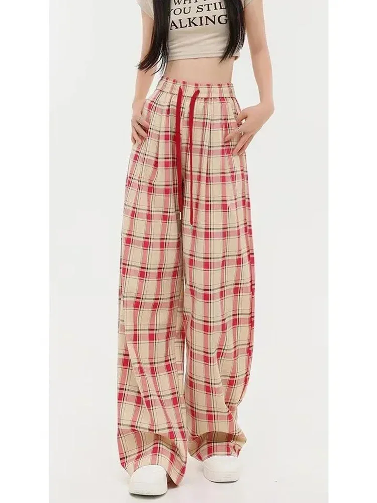 Jmprs Vintage Women Loose Plaid Pants High Waist Casual Lace Up Wide Leg Trousers Korean Retro All Match Female Summer Pants
