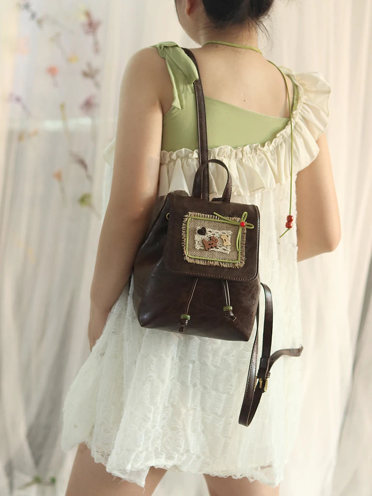 

Cute Original Design Soft Leather Backpack Light Brown Retro Versatile Women's Bag Daily Match Lightweight Backpack