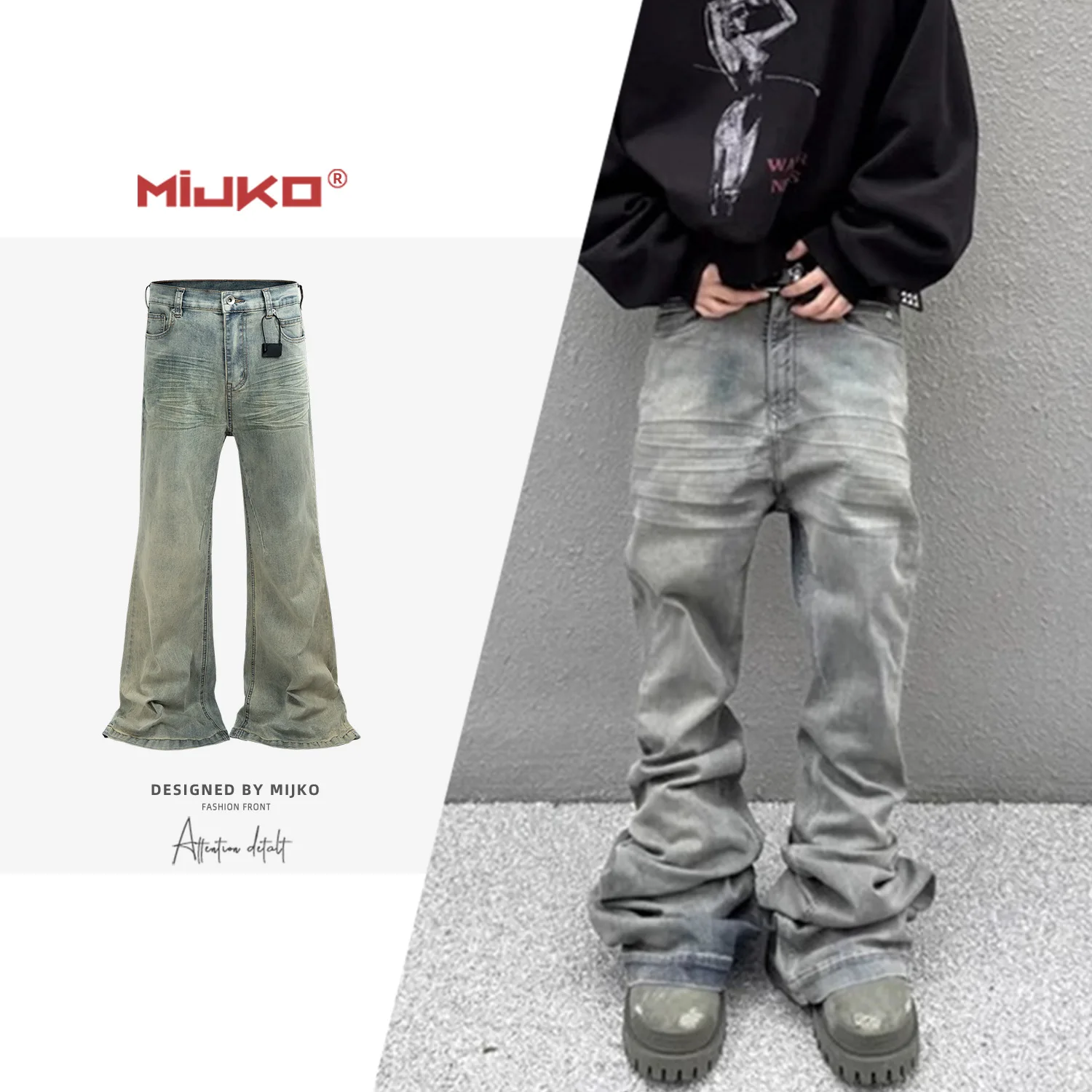 American High Street Ro Style Bell Bottoms Pleated  Jeans Men Women Slight Stretch Long Trousers Cotton Stretch Denim