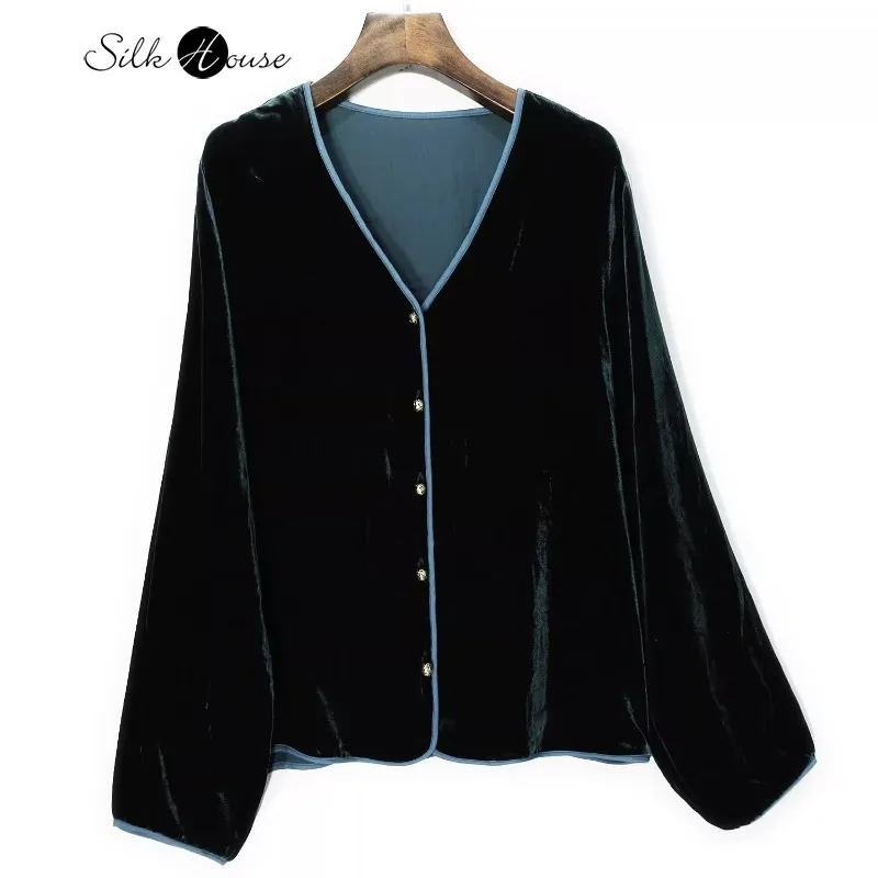 2024 Women\'s Fashion Autumn New 30% Natural Mulberry Silk Velvet V-neck Long Sleeve Haze Blue Grey Casual Cardigan