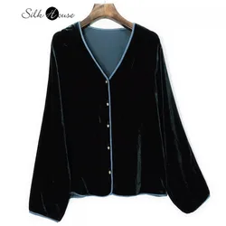 2024 Women's Fashion Autumn New 30% Natural Mulberry Silk Velvet V-neck Long Sleeve Haze Blue Grey Casual Cardigan