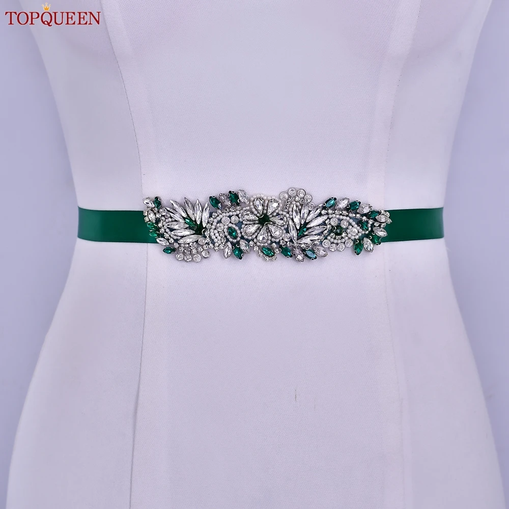 Topqueen S22 Bruiloft Riem Diamant Groen Diamante Dress Trim Satin Wedding Riem Prom Riem Steen Riem Bruid Jurken Decoratie