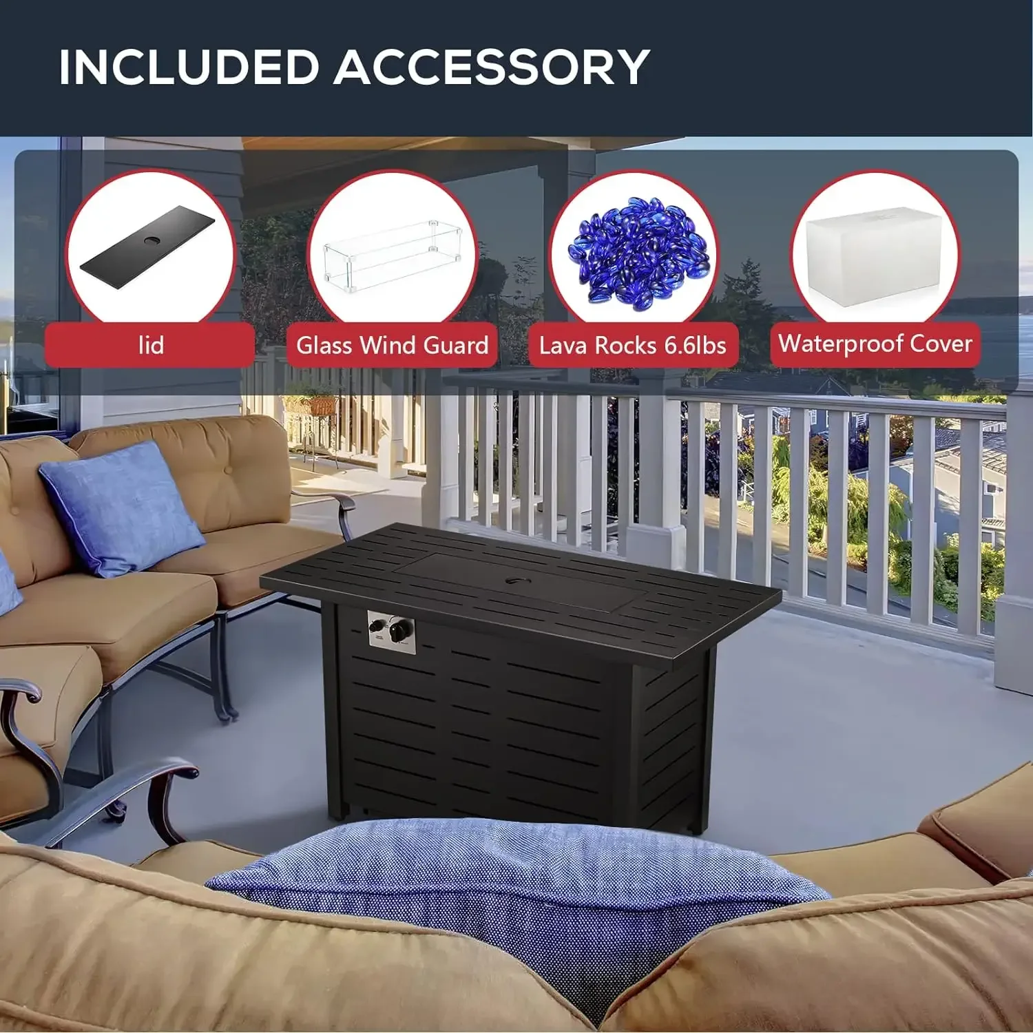 R.W.FLAME 43"Fire Pit Table,Propane Fire Pit Table with Blue Glass Rocks and Tempered Glass Wind Guard.Outdoor Fire Pit with Lid