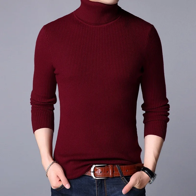 2022 New Men High Neck Knitted Pullover Bottoming Sweater Male Fashion Casual Slim Solid Color Stretch Sweater