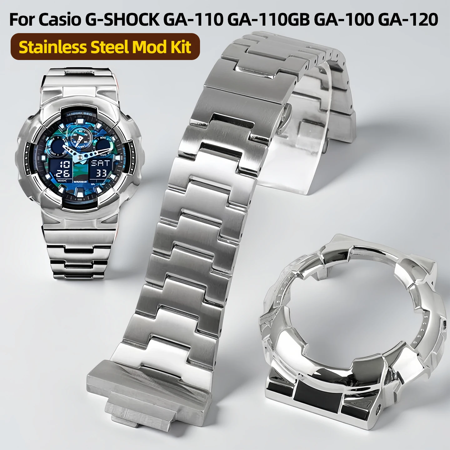 

Комплект для модификации из нержавеющей стали для Casio G-SHOCK GA-110, GA-110GB, GA-100, GA-120 серии: модифицированный черный металлический корпус и ремешок в стиле Black Warrior.