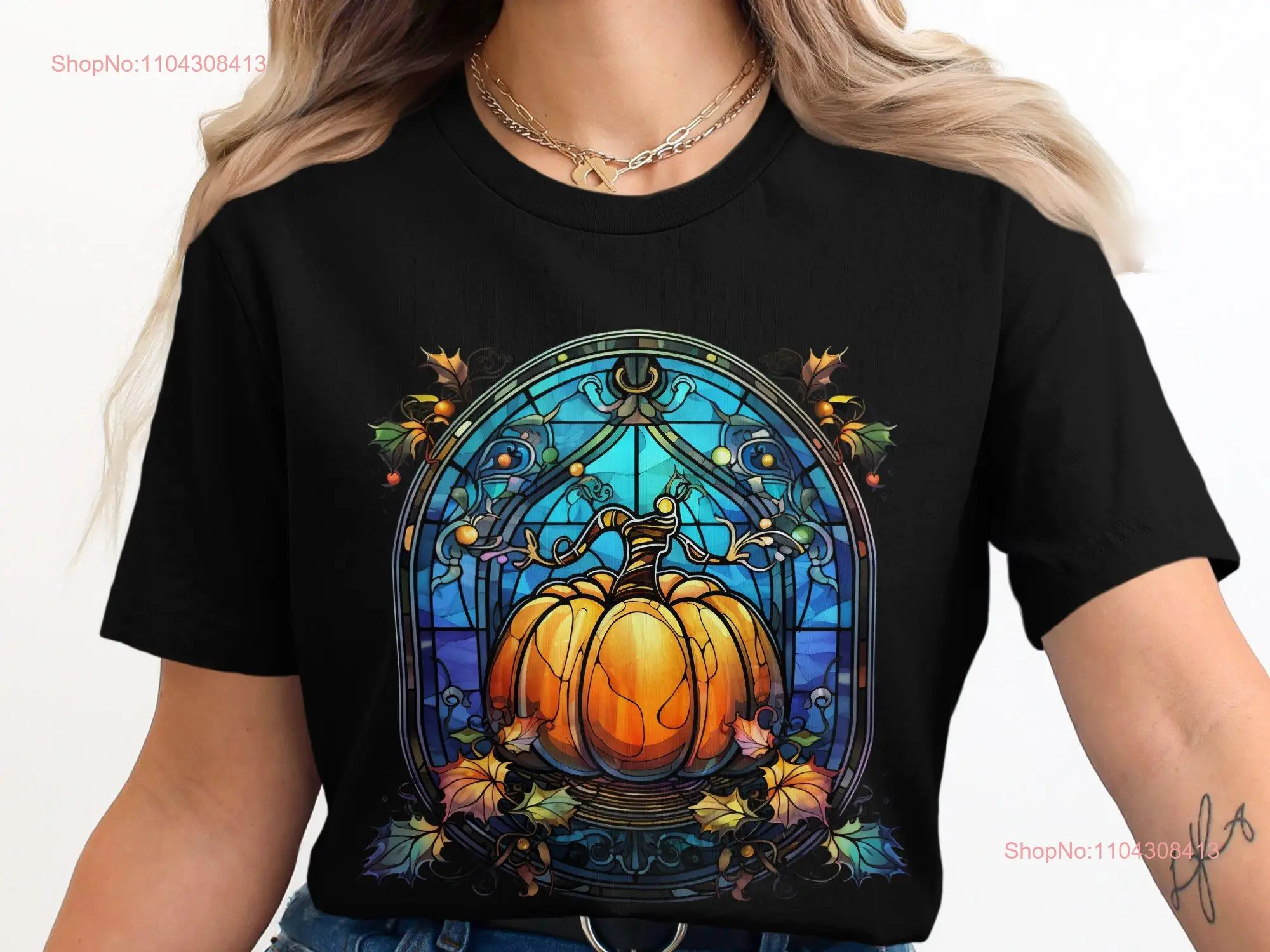 Stained Glass Pumpkin T Shirt for Halloween Colorful Fall Design Artistic Autumn Apparel Seasonal Vibrant Harvest Wear