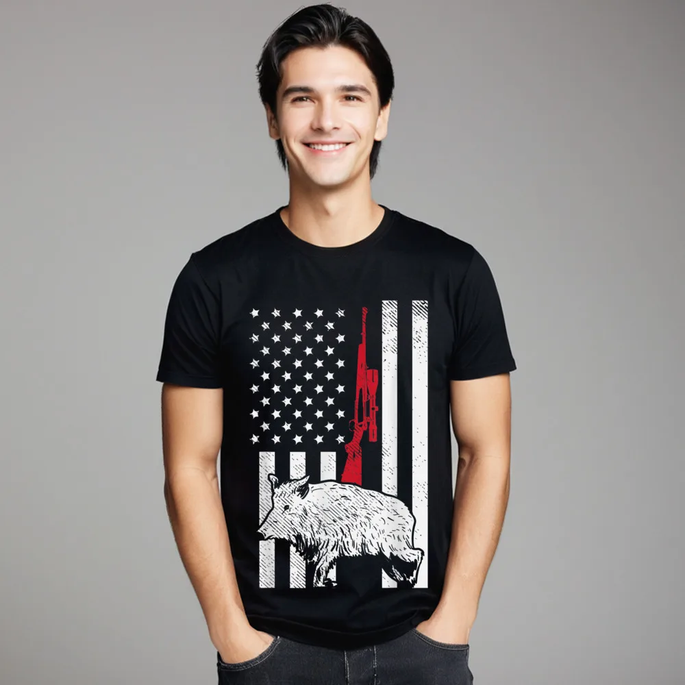 American Flag Rifle Hog Boar Tshirts Husband Design Father Day Tops & Tees Short Sleeve Funny Tops T Shirt Crewneck 100% Cotton