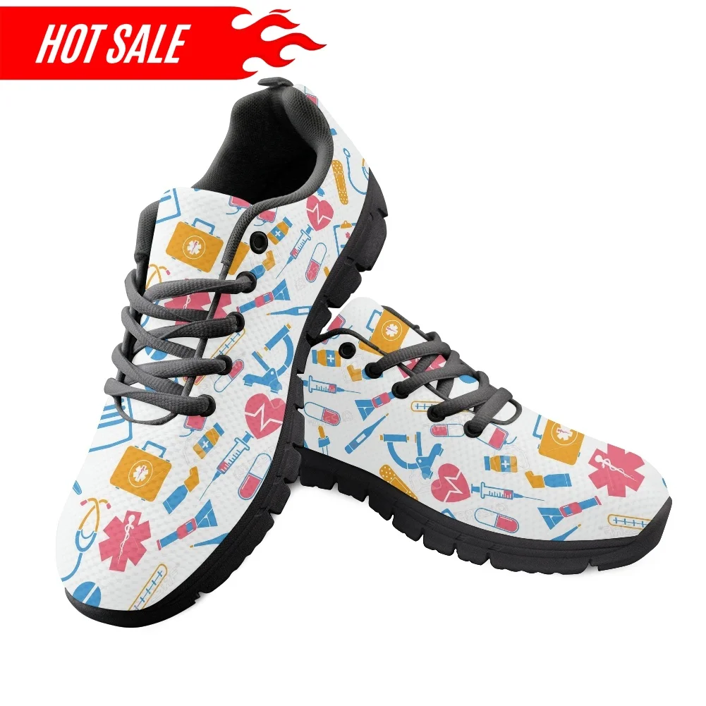 Nurse Flat Shoes Cute Cartoon Medical Pattern Women Nursing Shoes Female Casual Running Sneakers Light Mesh Footwear