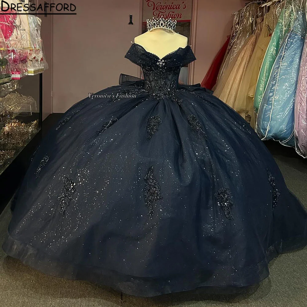 

Navy Blue Quinceanera Dresses 3D Applique Sequins vestidos de 15 quinceañera Princess Party Gowns Customized