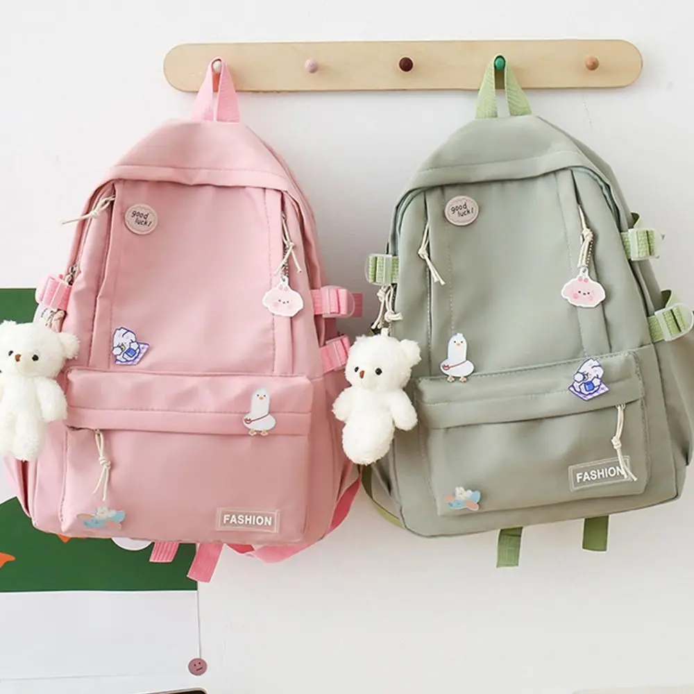 Cute Bear Pendant Solid Color Backpack Large Capacity Korean Style Students School Bag Badge Storage Bag Shoulder Bag Outdoor