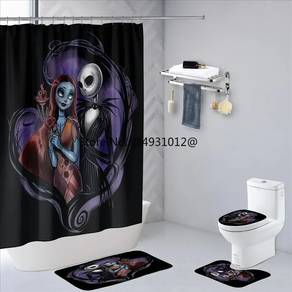 Nightmare Before Christmas Zombie Bride Jack Shower Curtain Sets 4pcs Bathroom Halloween Decor with Hooks for Bathroom