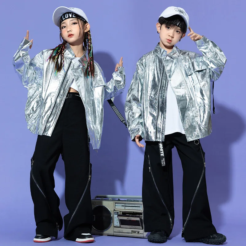 

Kid Hip Hop Clothing Silver PU Motorcycle Jacket Coat Top Black Casual Wide Zipper Pants for Girl Boy Jazz Dance Costume Clothes