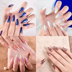 24Pcs/Box Holographic Blue Nail Tips Wearable Fake Nails Full Cover Press On Nails with Press Glue DIY Manicure Nail Supplies