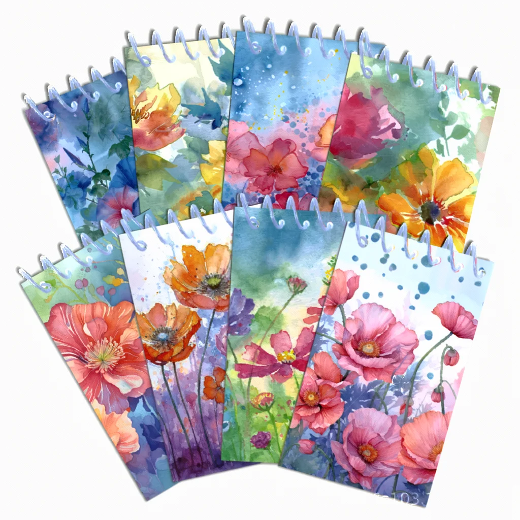 8Pcs Watercolor Flower Spiral Mini Notepad Aesthetic Floral Memo Pad Portable To Do List Pocket Notebook Stationery School Suppl