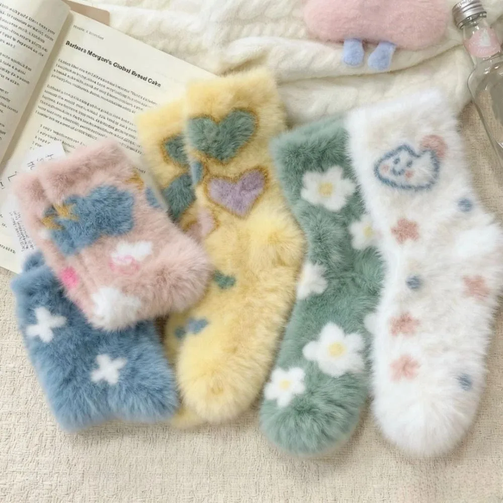 

5Pairs Fashion Cartoon Mink Fur Socks Soft Pile Up Plush Socks Funny Hosiery Thicken Warm Socks Women