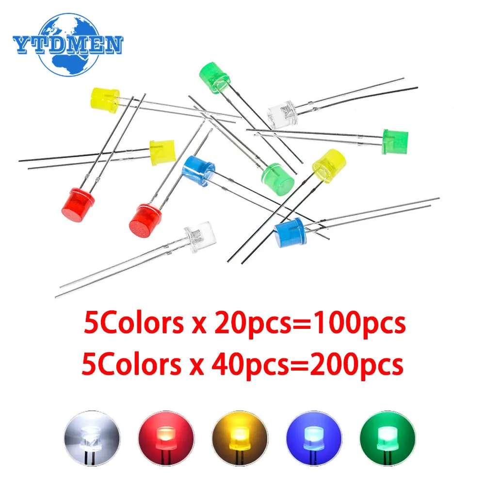 5 Colors 5mm Flat Top LED Diode Lamp White Red Yellow Blue Green Electronics Indicator Light Emitting Diodes Kit for DIY Project