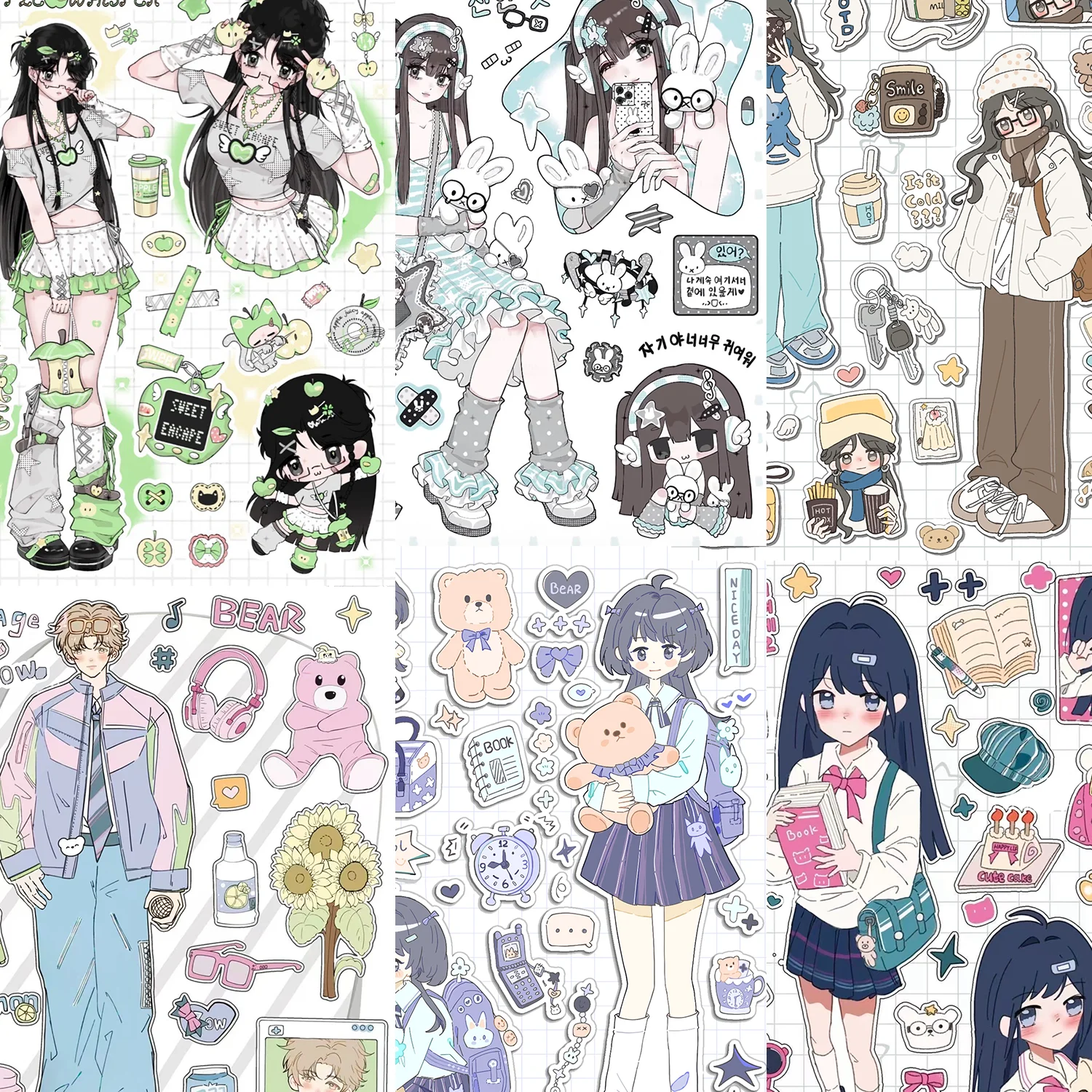 SourApple Sticker Set | Green Plaid Girls & Heart Hairpins for Fresh Campus Journals